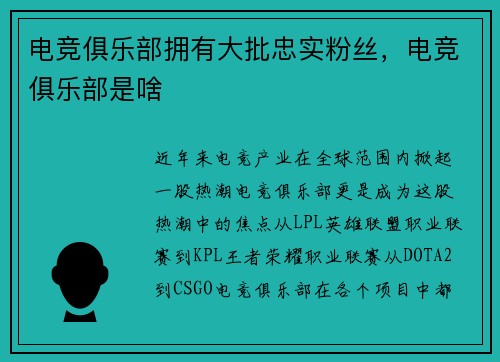 电竞俱乐部拥有大批忠实粉丝，电竞俱乐部是啥