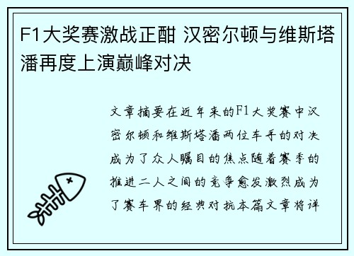 F1大奖赛激战正酣 汉密尔顿与维斯塔潘再度上演巅峰对决