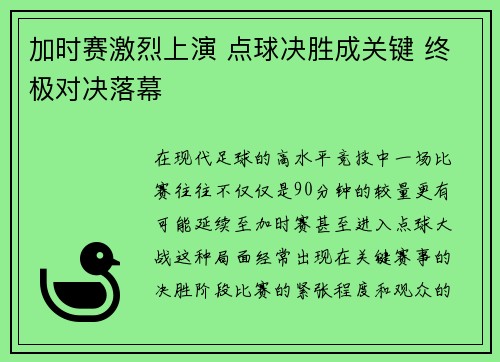 加时赛激烈上演 点球决胜成关键 终极对决落幕