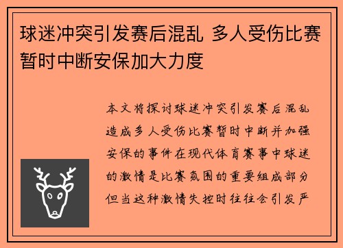 球迷冲突引发赛后混乱 多人受伤比赛暂时中断安保加大力度